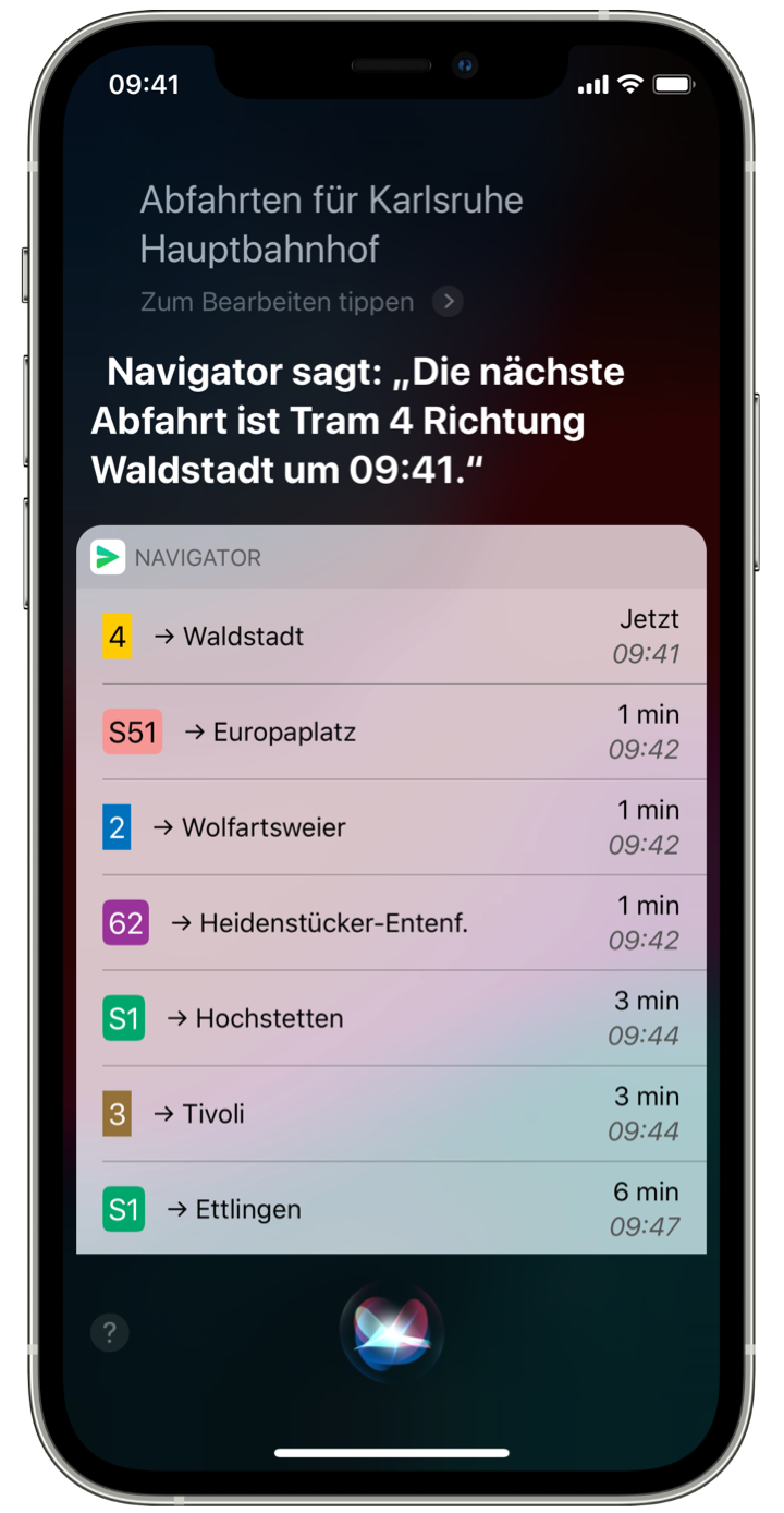 Siri Anfrage zur Suche nach Abfahrten